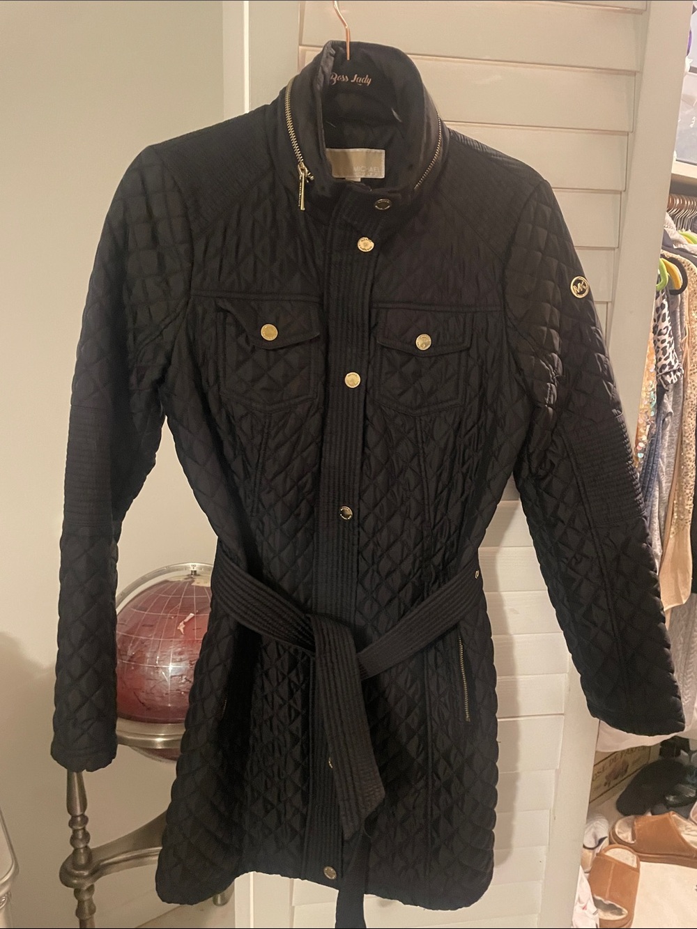 Michael Kors Light weight quJacket Hidden Hood Black w/ Gold Accents Size Small